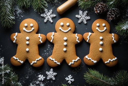 A backdrop for Christmas baking featuring gingerbread cookies, a rolling pin, and a fir tree from a top-down perspective. Homemade sweet treats for the winter holidays.