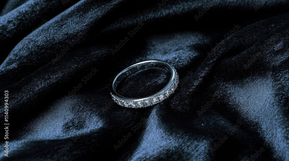 Elegant Silver Ring with Sparkling Diamonds on Black Velvet Fabric
