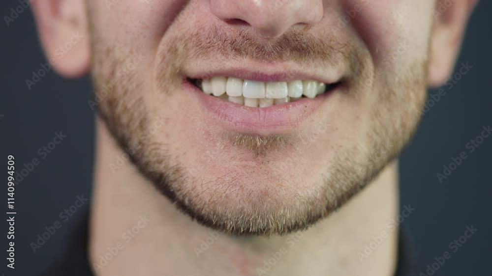 Close up man laughing to the camera on grey background. Indoors. Medicine concept Close up man laughing to the camera on grey background. Indoors. Medicine concept