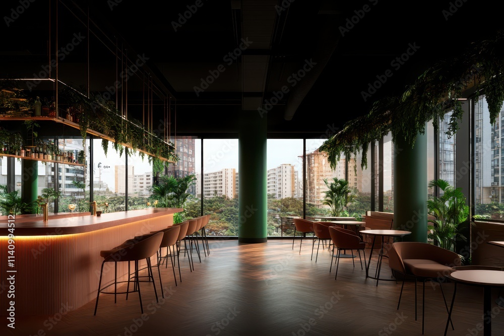 Fototapeta premium a bar with a view of a city