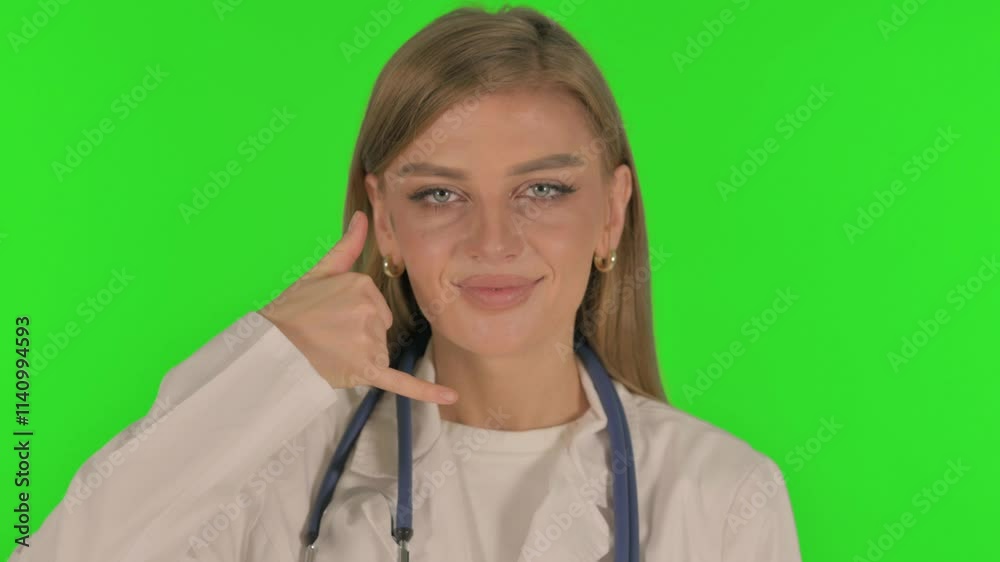 Portrait of Female Doctor inviting People for Help, Call Me on Green Background Portrait of Female Doctor inviting People for Help, Call Me on Green Background