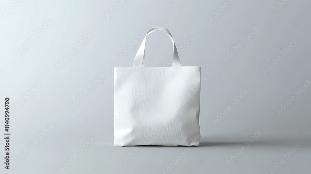 White tote bag displayed on a plain grey background, design mockup for branding concepts