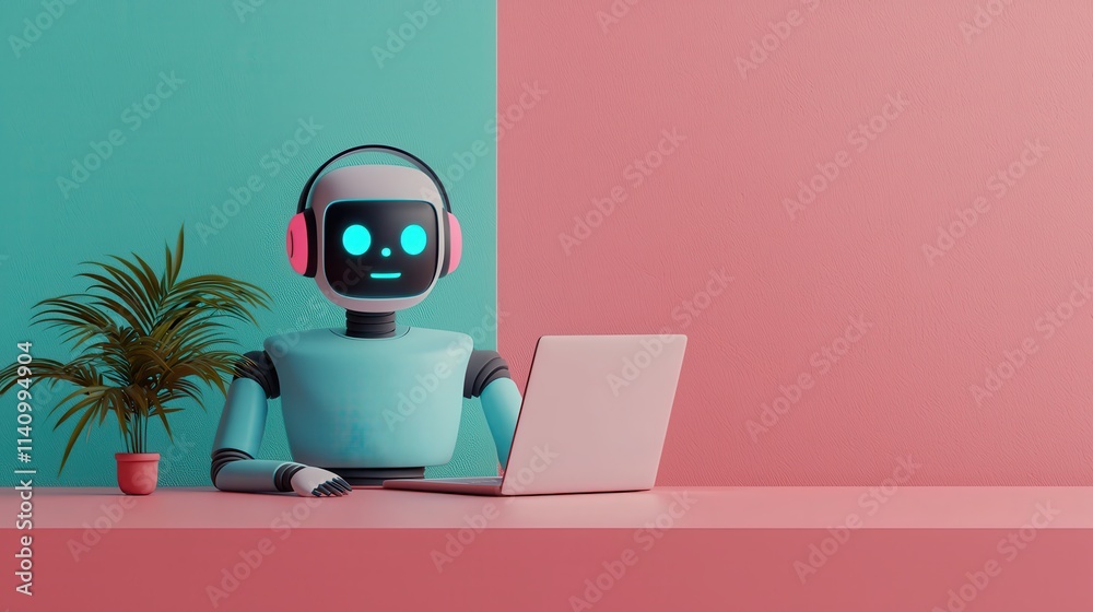 A colorful robot with headphones sits at a laptop, surrounded by a potted plant, against a vibrant pink and teal backdrop. A colorful robot with headphones sits at a laptop, surrounded by a potted plant, against a vibrant pink and teal backdrop.