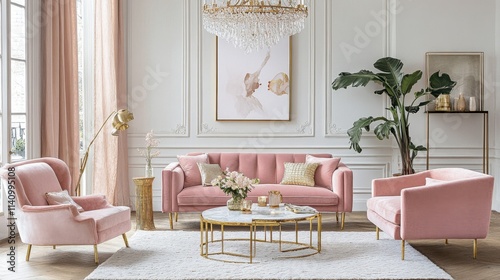 Elegant Pink Living Room Interior with Luxurious Decor and Lighting