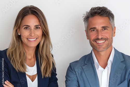 Confident and stylish business couple, man in a blue blazer and woman in a navy blazer, smiling warmly, white background, professional and modern corporate lifestyle photography