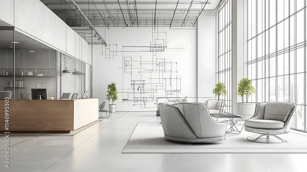 Fototapeta premium Wireframe design of an office interior on a white background, showcasing the concept of architectural planning