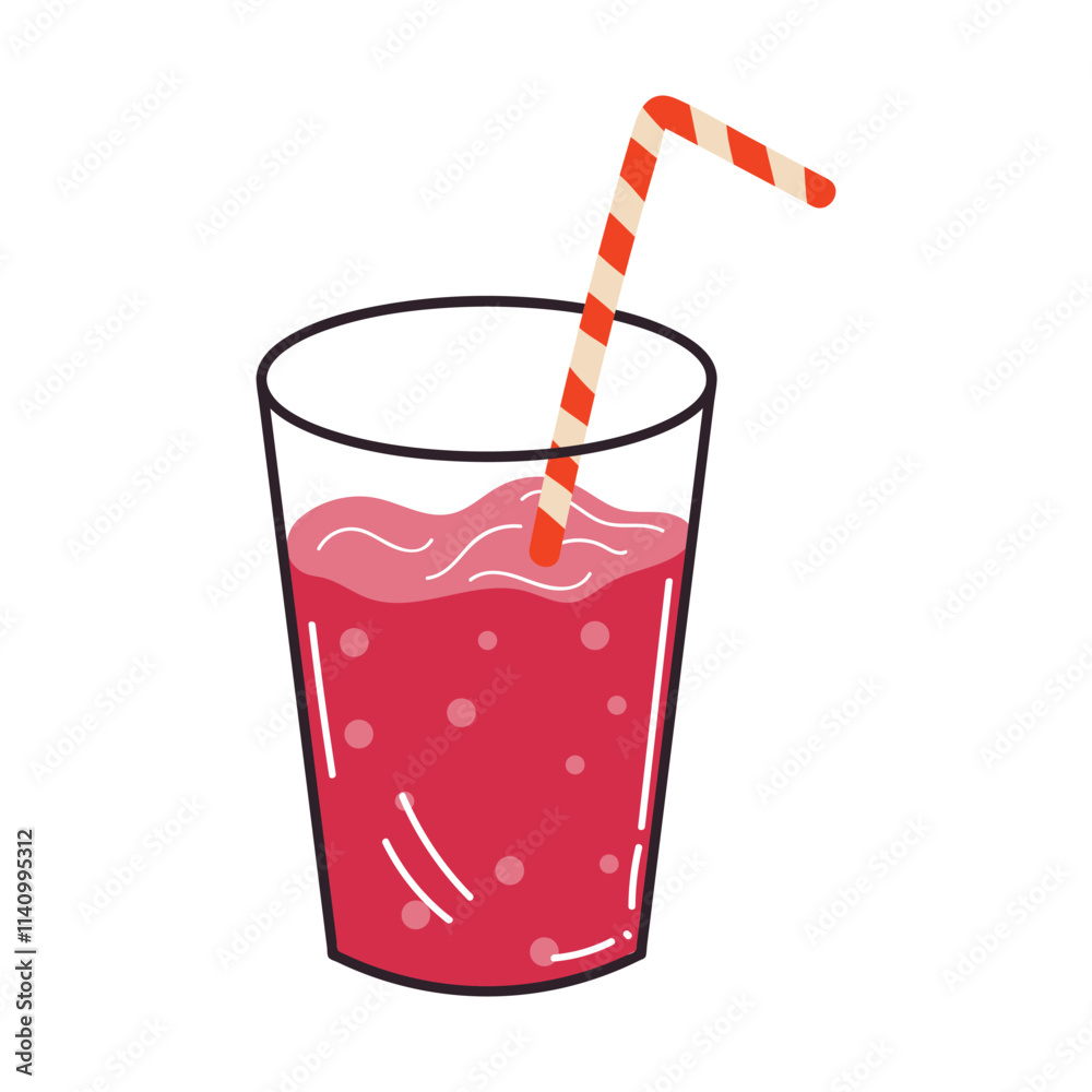 Cute cartoon refreshing drink with a straw in flat style. Berry juice in the glass isolated on white background. Cute cartoon refreshing drink with a straw in flat style. Berry juice in the glass isolated on white background.