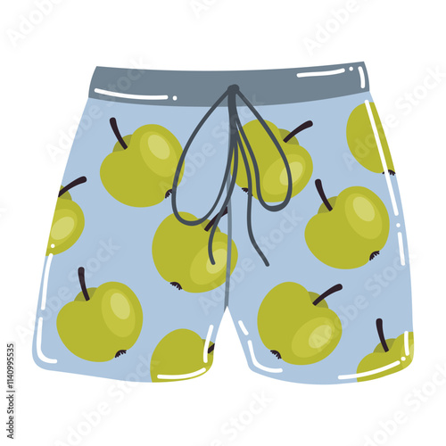 Cute cartoon men swimming trunks  with apple pattern. Beachwear in flat style.