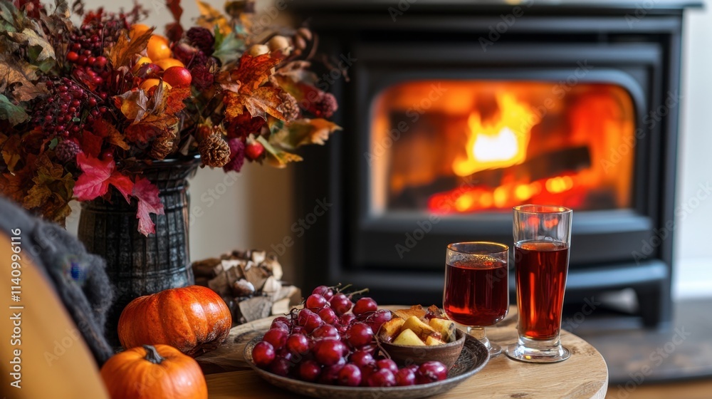 Fototapeta premium Cozy Autumn Scene with Fireplace, Warm Drinks, and Fall Decor