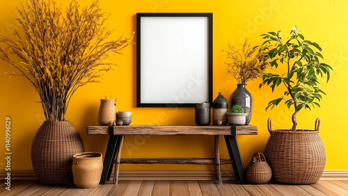 Frontal and close-up of vertical A4 frame with white canvas. Black angular frame on pearl yellow wall, metal console, indirect lighting, porcelain floor, modern potted plants, architectural perspectiv photo