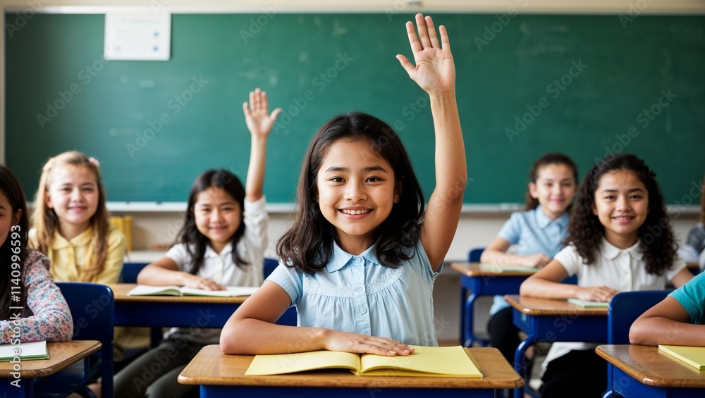 happy girl raising her hand in the classroom, eager to participate and engage in learning, symbolizing enthusiasm, curiosity, and a love for education happy girl raising her hand in the classroom, eager to participate and engage in learning, symbolizing enthusiasm, curiosity, and a love for education