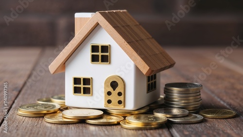 house and money coins representing a loan and mortgage concept, symbolizing financial investment, homeownership, and the cost of securing a property