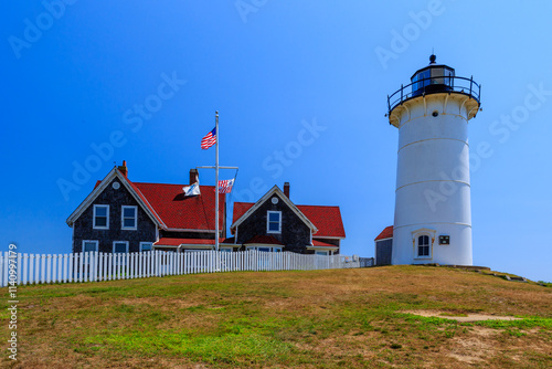 Nobska Point Light Lighthouse, Woods Hole, Falmouth, Cape Cod Massachusetts,, in August photo