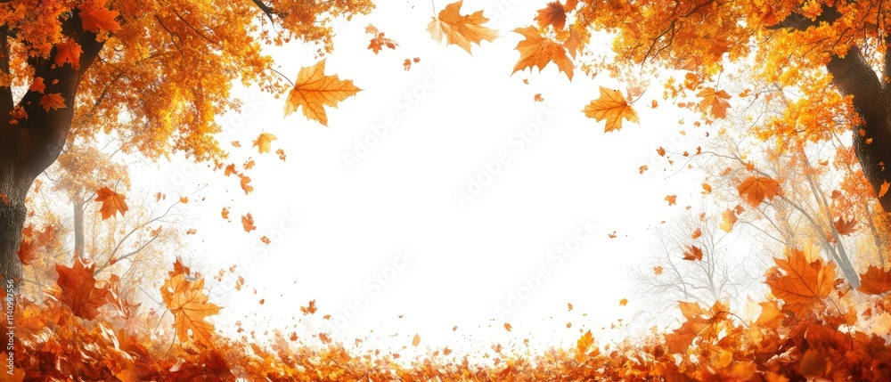A serene autumn scene with vibrant orange leaves framing a bright, empty space. A serene autumn scene with vibrant orange leaves framing a bright, empty space.