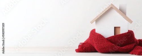 Home in a knitted scarf on a white background, Concept of the heating system in a winterized house. keeping warm in the house, м