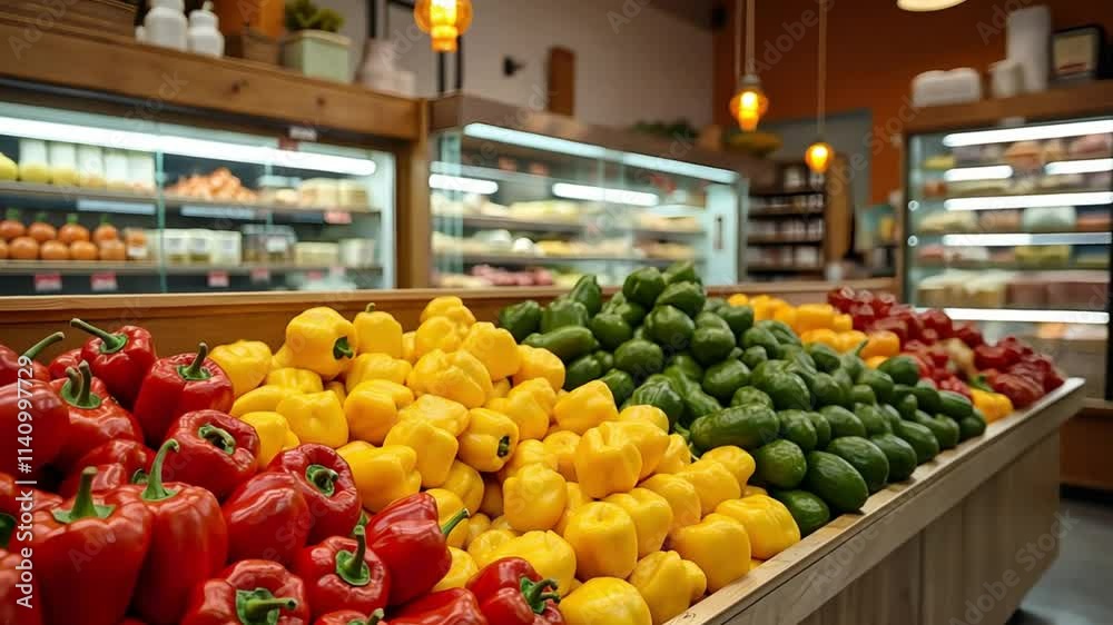 Fresh Produce Display at a Farmer's Market or Grocery Store: Peppers and Avocados Fresh Produce Display at a Farmer's Market or Grocery Store: Peppers and Avocados
