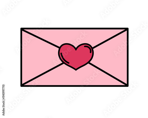 Pink flat envelope with heart in cartoon style raster illustration