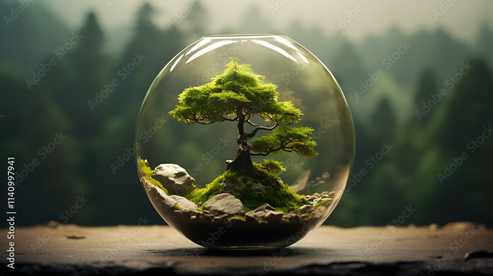 Traditional japanese bonsai miniature tree in a ceramic pot, with garden background Traditional japanese bonsai miniature tree in a ceramic pot, with garden background