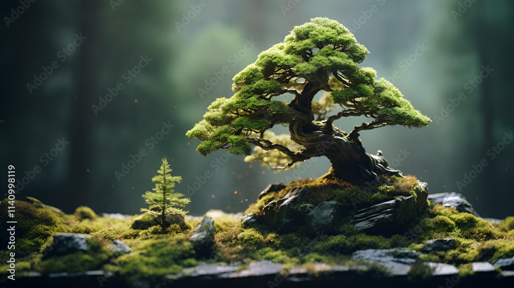 Fototapeta premium Traditional japanese bonsai miniature tree in a ceramic pot, with garden background