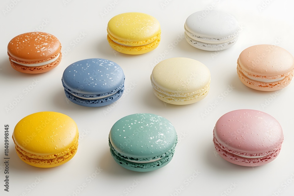 Obraz premium Assortment of macarons in various colors on a white background