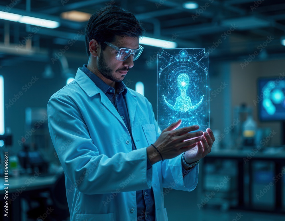 Waist up portrait of male scientist interacting with glowing data hologram in futuristic laboratory lit by neon blue lighting copy space