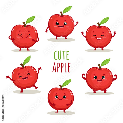 set of cute cartoon apple characters with emotions isolated on white background. Red apple in different poses. Funny fruit. Vector illustration.