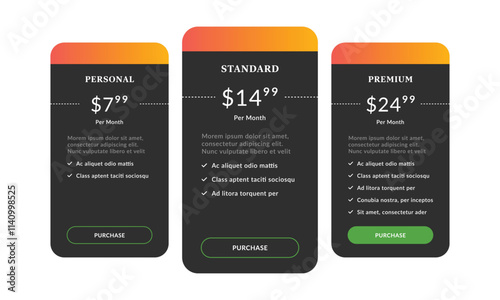 Web template for pricing plans or subscriptions. Product and price comparison table. UI kit vector.