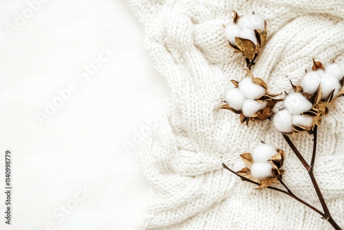 Cotton flowers on a soft bath terry towel, viewed from above. An eco and organic bathroom accessory ideal for spa, wellbeing, and a healthy lifestyle. photo