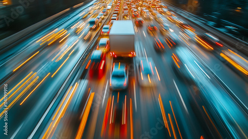 Motion blur effect of a car transporter trailer loaded with numerous cars on a highway