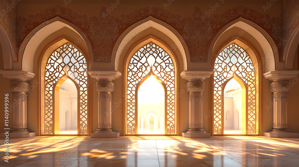 Fototapeta premium Muslim icons and ramadan kareem mosque graphics: oriental arches, doors, and windows
