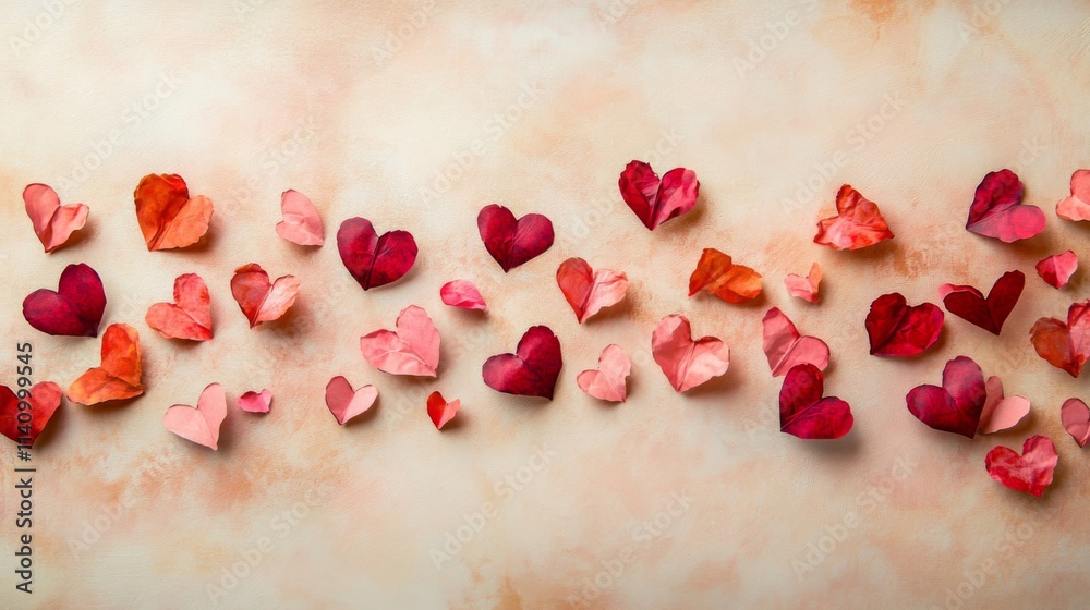 Red Pink Heart Shaped Petals Scattered On Beige Background