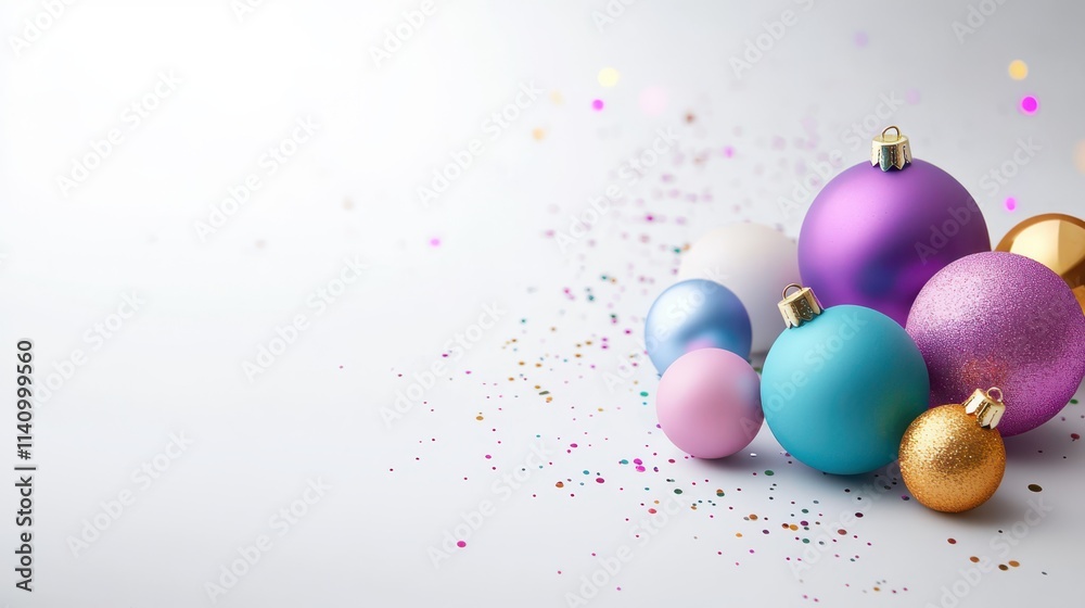 Collection of colorful baubles with glittering finishes, scattered on a white background.