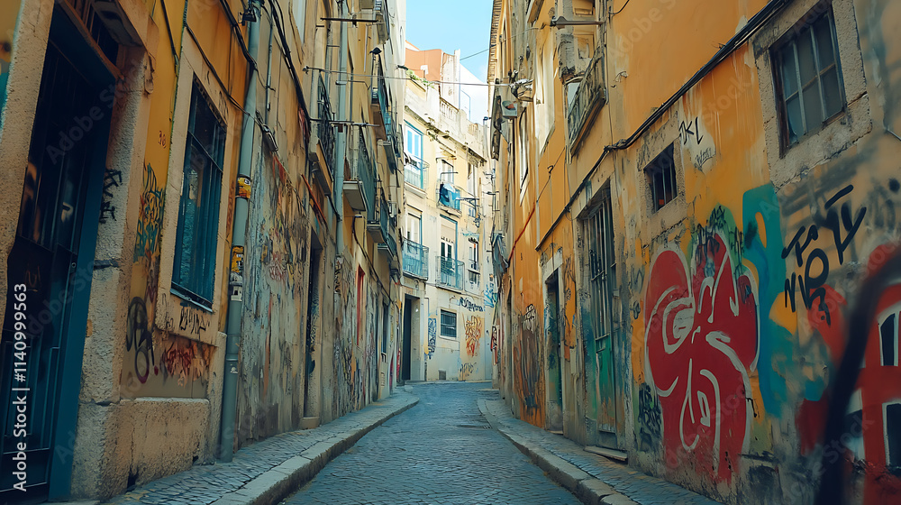 Fototapeta premium Narrow alleyway with buildings on either side is covered in colorful and artistic graffiti