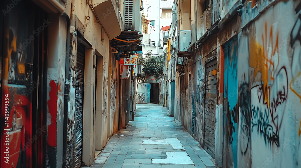 Fototapeta premium Narrow alleyway with buildings on either side is covered in colorful and artistic graffiti