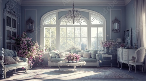Elegant Living Room with Vintage Decor and Floral Arrangements