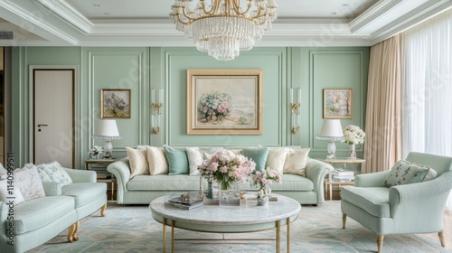Elegant Light Green Living Room with Crystal Chandelier and Artwork