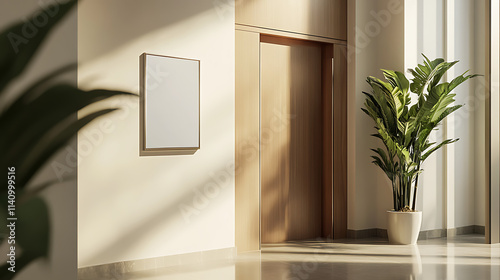Name plate design mockup handing on door, 3d render, door sign mock up template on entry in cabinet, office hall interior with nameplate on door