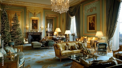 Elegant Holiday Living Room Decorated with Christmas Trees and Lights