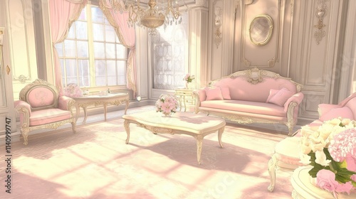 Elegant Light Pink Living Room with Antique Furniture and Décor