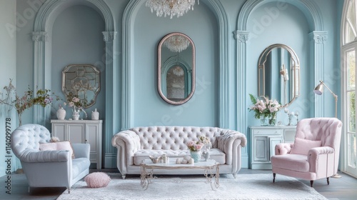 Elegant Soft Blue Living Room with Vintage Furniture and Decor