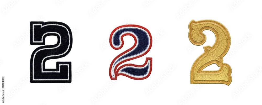 Number 2 embroidery patches in various typographic styles isolated on transparent background Number 2 embroidery patches in various typographic styles isolated on transparent background