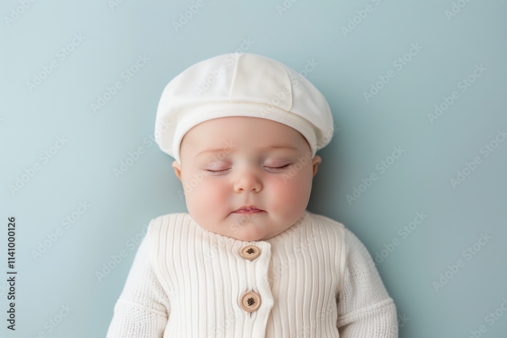 Close-up of a baby sleeping peacefully, wearing a white cap and knit sweater, soft natural tones, light blue background, minimalistic newborn portrait, calm and serene composition, studio photography
Close-up of a baby sleeping peacefully, wearing a white cap and knit sweater, soft natural tones, light blue background, minimalistic newborn portrait, calm and serene composition, studio photography