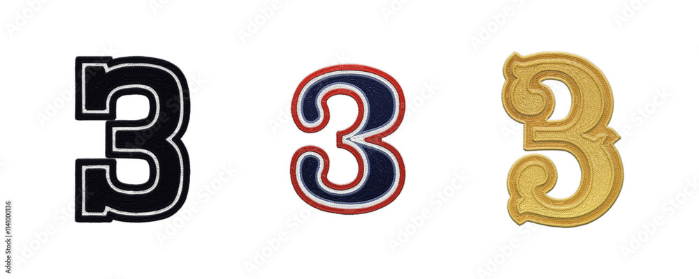Number 3 embroidery patches in various typographic styles isolated on transparent background Number 3 embroidery patches in various typographic styles isolated on transparent background