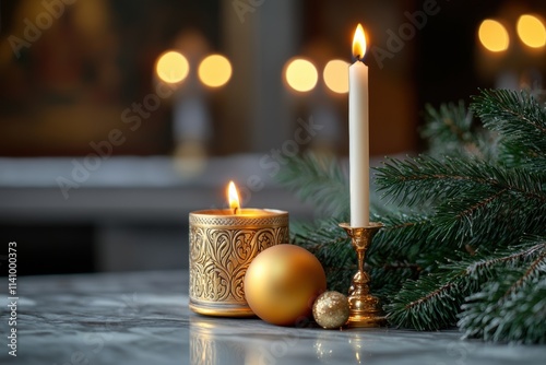 religious christmas decor, orthodox christmas church decorated with pine and golden ornaments, candlelight flickers, casting warm shadows on ancient frescoes text space available photo