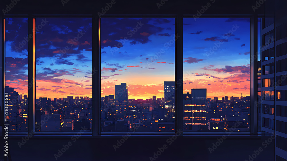 Nighttime city skyline viewed through large windows, with buildings glowing in warm tones against a deep blue sky Nighttime city skyline viewed through large windows, with buildings glowing in warm tones against a deep blue sky