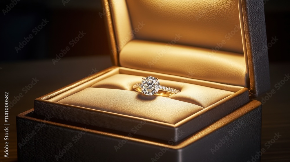 Elegant diamond ring in luxurious velvet jewelry box with glow Elegant diamond ring in luxurious velvet jewelry box with glow