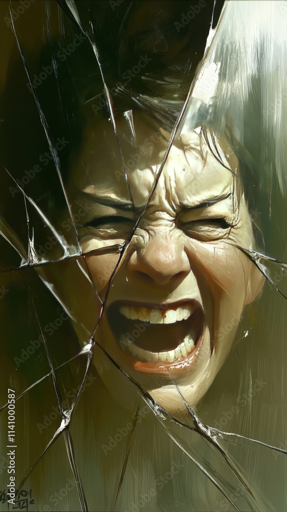 A highly expressive image of a woman screaming, her face visible ...