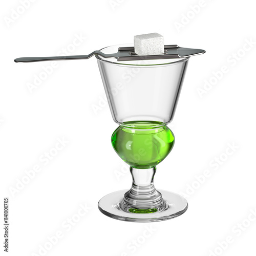 Absinthe glass on isolated transparent background. Bar theme. Glassware with the drink. 3d rendering.