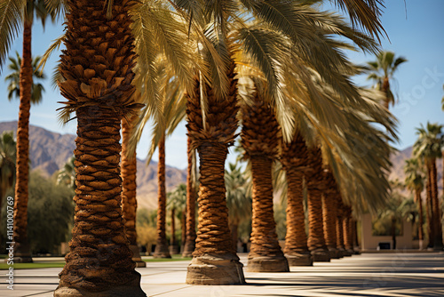 palm trees and oasis symbolize a peaceful and refreshing sanctuary from harsh desert climate, representing vital link between these trees and survival in arid environments photo