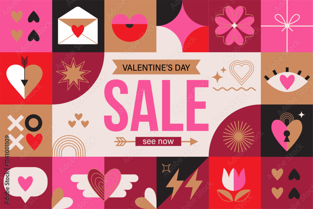 Φωτογραφία Sale banner for Valentines day , flyer or card with geometric symbols of holiday and love